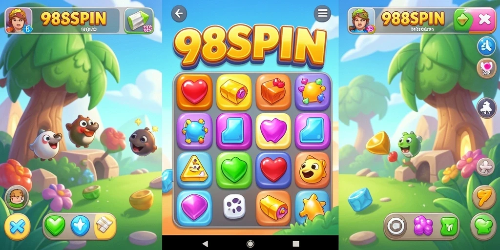 Tampilan gameplay seru dalam 98SPIN dengan kombinasi warna yang menarik.