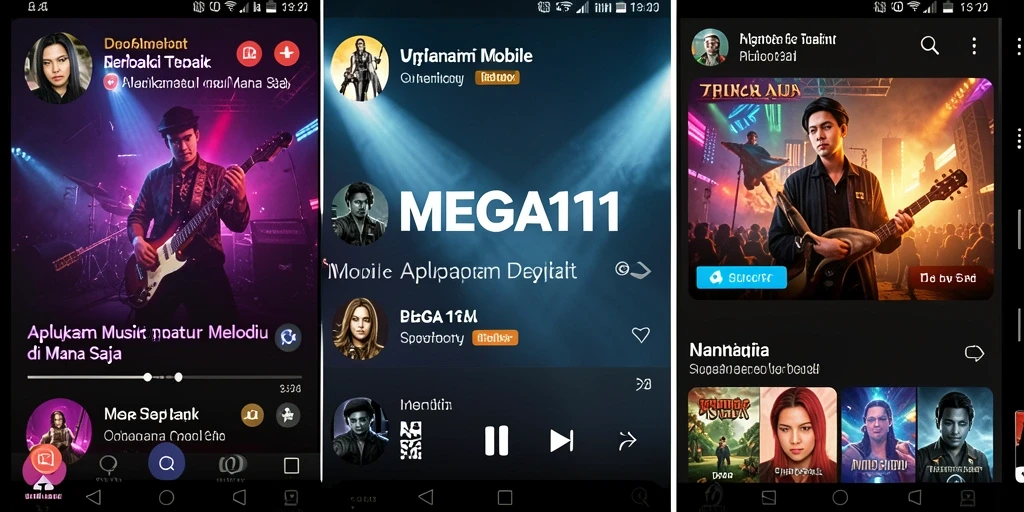 Tangkapan layar utama MEGA111 menampilkan interface musik yang menarik.