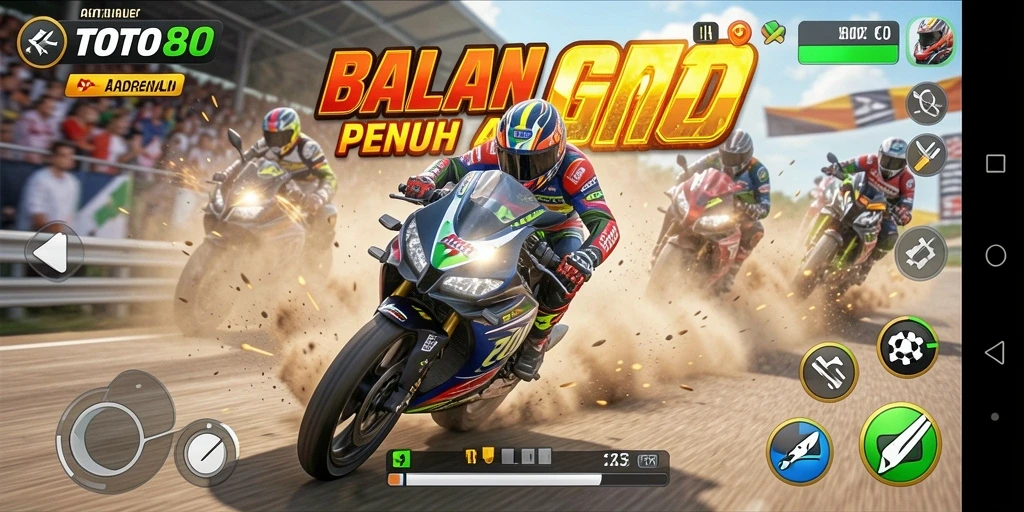 Screenshot gameplay TOTO80 menampilkan balapan seru dengan motor penuh kecepatan.