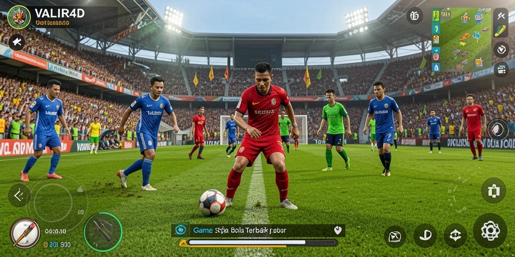 Tampilan utama gameplay VALIR4D dengan aksi laga sepak bola.